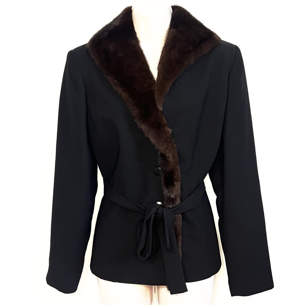 SHANI Mink Collar Jacket Blazer Style Belted Size 10 Black Brown Lined FLAWLESS